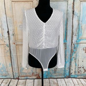 Shinestar Women’s Long Sleeve Sheer Textured Polka Dots White Bodysuit Sz Medium